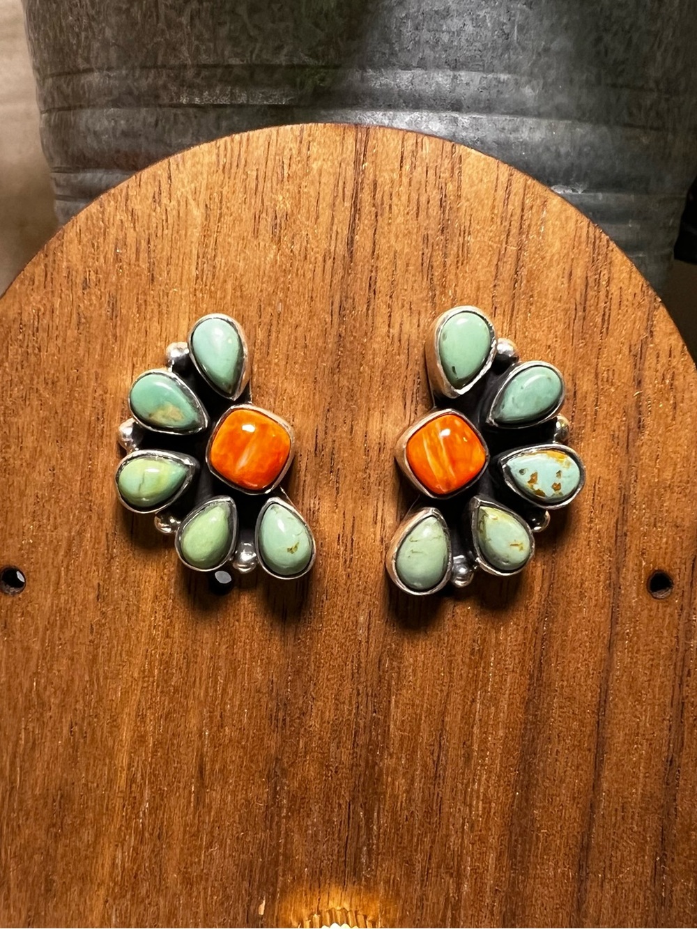 Kingman Turquoise & Spiny Oyster Half Cluster Earrings - Picture 5 of 8